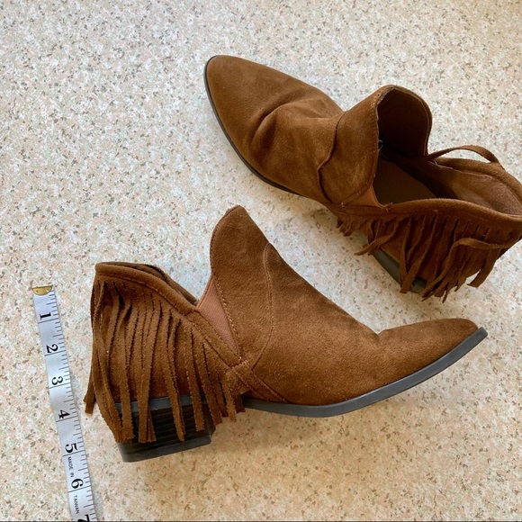JustFab Brown Suede Fringe Trim Boho Ankle Booties - Picture 5 of 7